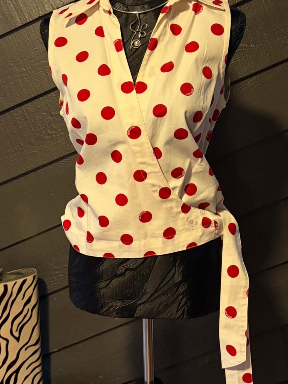 Tommy Hilfiger White Sleeveless Wrap Camisole with Red Polka Dots